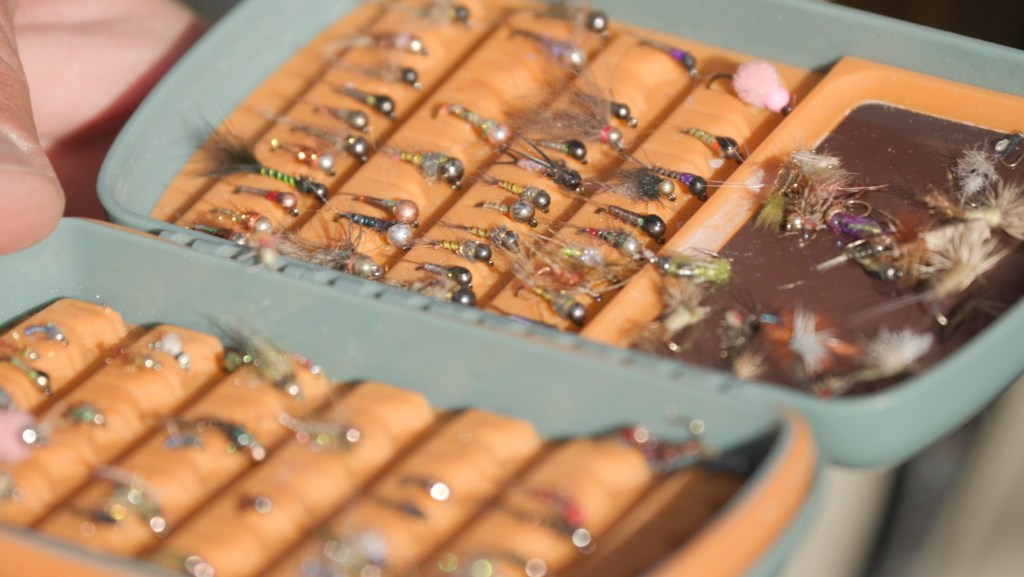 fly box with nymphs and dry flies. 