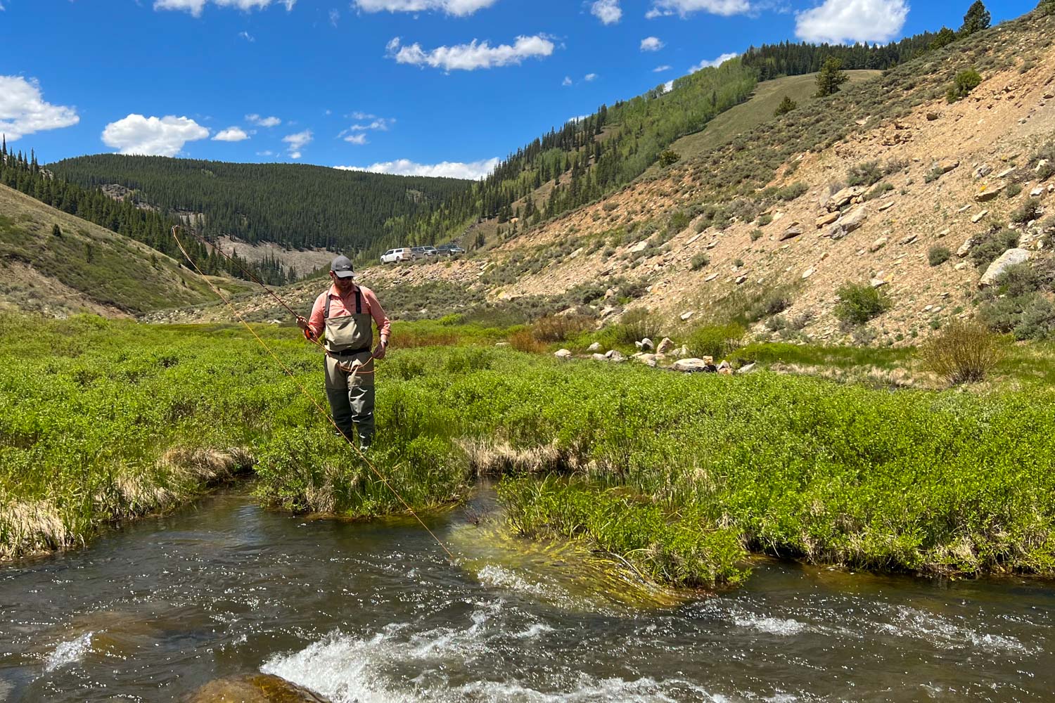 Man fly fishing bent rod spring creek almont colorado