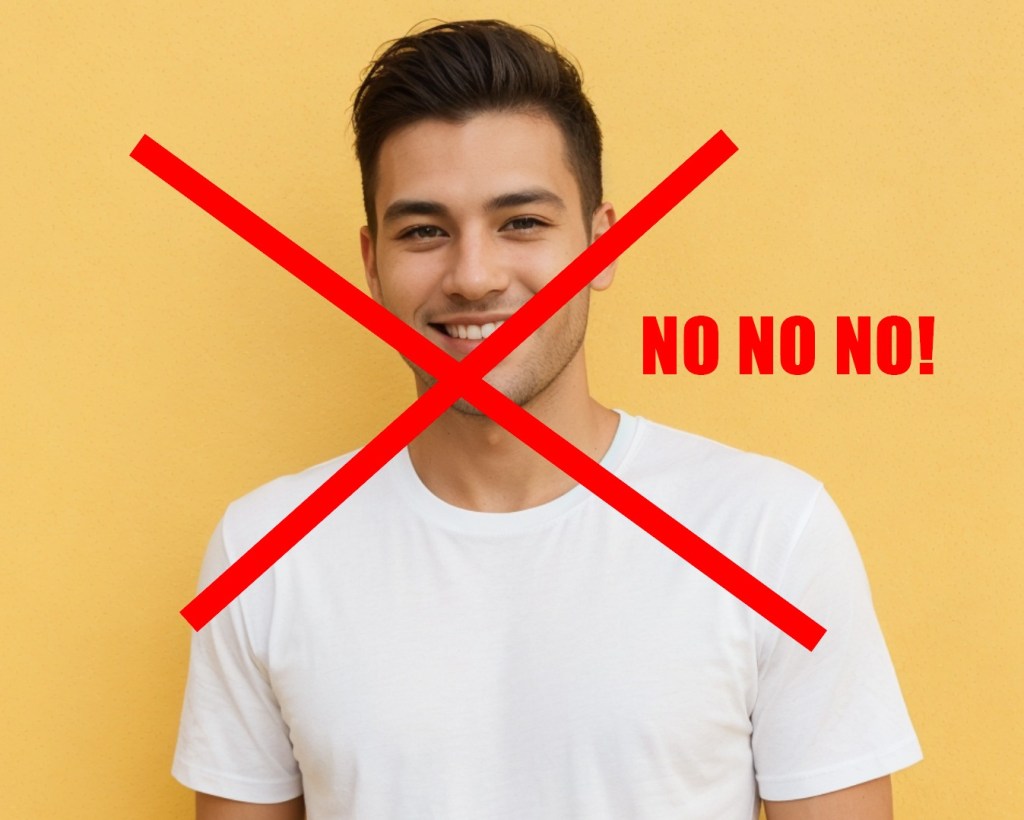man in cotton t shirt with x marked through him