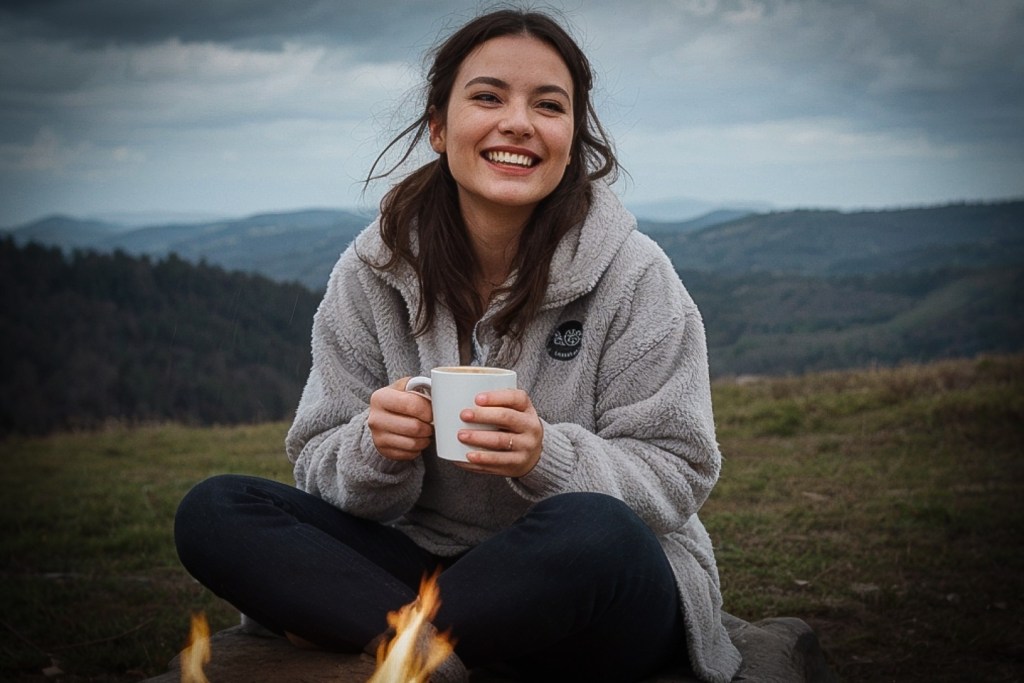 woman sitting around a fire with a fleece jacket
